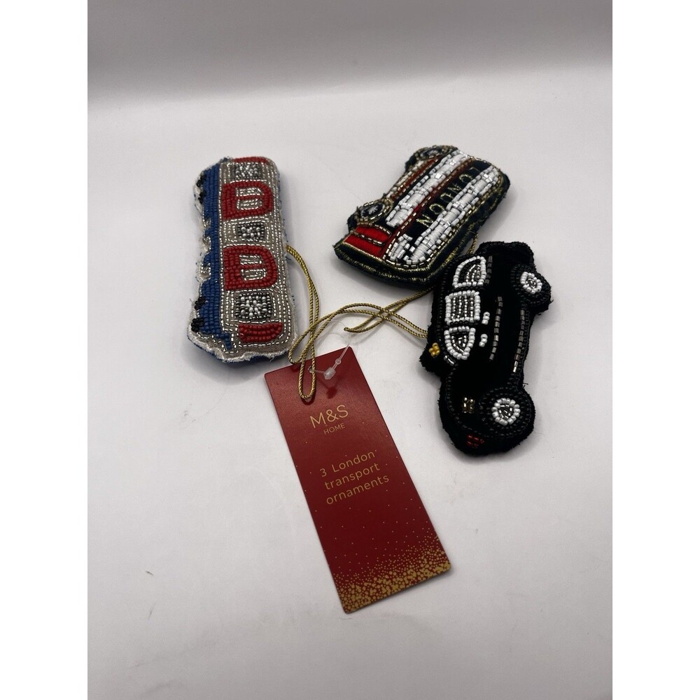 M&S Marks & Spencer 3 Felt Beaded London Ornaments bus taxi & train christmas